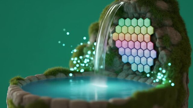 Waterfall Cascading Into Pond with Pastel Hexagons on Mossy Rock Formation in 3D Render with Serene Lighting and Tranquil Green Background