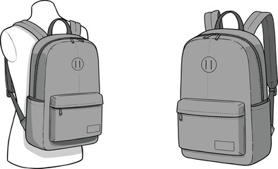 Backpack Design Sketch: Front and Back Views with Adjustable Straps and Dual Compartments, Fashion Illustration for Functional Bags