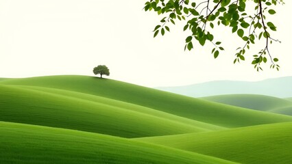 Peaceful Green Rolling Hills Landscape with Lone Tree and Leaves