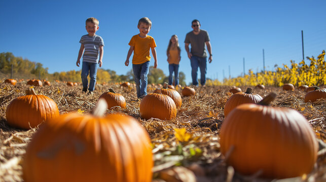 Family with children walking through pumpkin patch on sunny autumn day