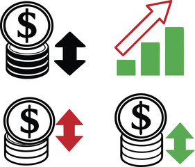 Obraz premium price, rate, profit increase and decrease icon, set of cost symbol dollar, money, coin sign with arrow up and down. transparent vector.arrow, cost, down, finance, graph, graphic, growth, increase, 