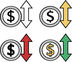 Obraz premium price, rate, profit increase and decrease icon, set of cost symbol dollar, money, coin sign with arrow up and down. transparent vector.arrow, cost, down, finance, graph, graphic, growth, increase, 