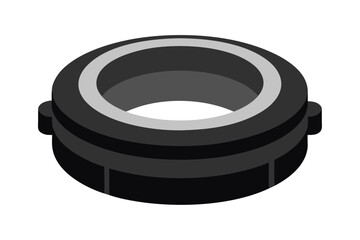 Isometric view of a black pipe fitting with a silver ring detail