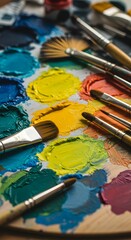 Obraz premium Vibrant Gouache Paint Palette with Artistic Brushes for Creative Painting and Color Mixing