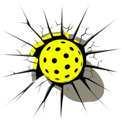 Pickleball breaking through cracked wall illustration, Vibrant digital illustration of a yellow pickleball smashing through a cracked surface, symbolizing sports action, energy, and impact.

