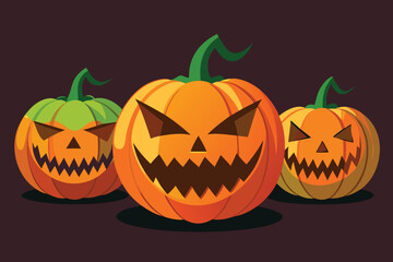 Three Spooky Halloween Pumpkins with Carved Faces against a Dark Background
