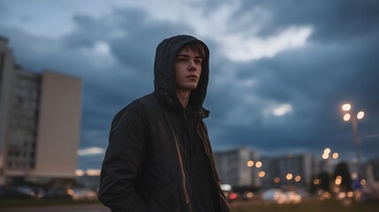 Fototapeta premium A young man contemplates life in an urban landscape, hooded against the elements, under a dramatic, cloud-filled sky.