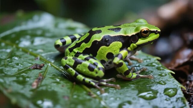 Green and black frog resting on leaf in lush jungle, showcasing a bold pattern suitable for rainforest visuals and ecological diversity themes.