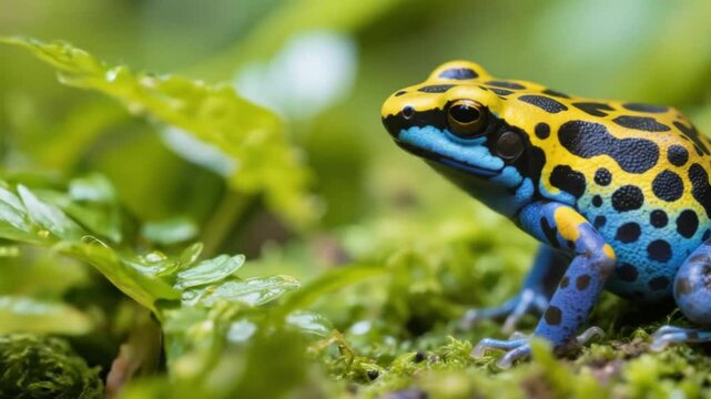 Yellow and black spotted frog on forest ground, a striking amphibian species suitable for vibrant wildlife visuals and biodiversity documentation.
