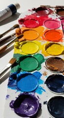 Vibrant Gouache Paint Palette with Artistic Brushes for Creative Painting and Color Mixing
