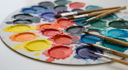 Obraz premium Vibrant Gouache Paint Palette with Artistic Brushes for Creative Painting and Color Mixing