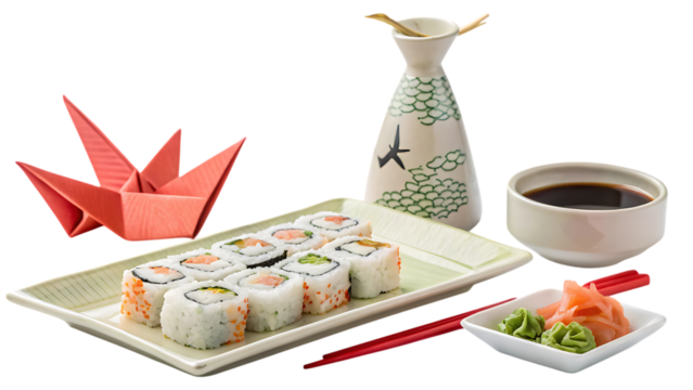 A platter of sushi with soy sauce and origami