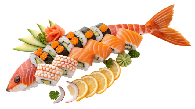 Sushi platter shaped like a fish with garnish - Powered by Adobe