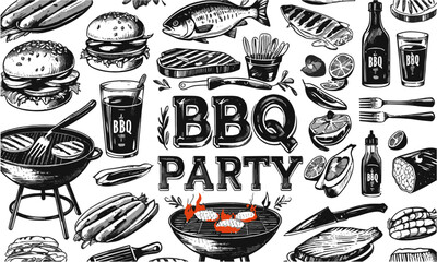 Scalable vector design featuring hand-drawn illustrations of BBQ party foods and accessories, burgers, sausages, fish, steaks, corn, drinks, BBQ grills, cutlery, sauces, condiments, easily editable