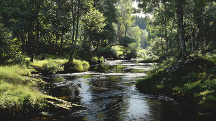 Obraz premium Serene Convergence: The Graceful Flow of a River Tributary Amidst Verdant Surroundings and Sunlit Harmony