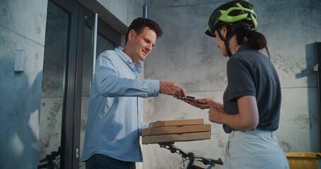 Woman Working in Pizza Delivery Service, Brining Restaurant Food for Client Working in Office...