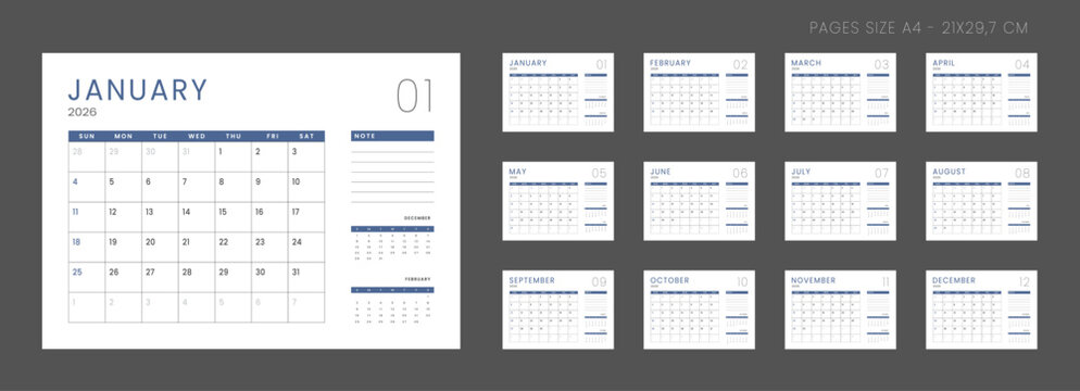 Set of Monthly pages Calendar Planner Templates 2026 with Note. Vector grid layout of a wall or desk simple organizer with week start Sunday in grey and blue color for print. Pages size A4 -21x29.7cm