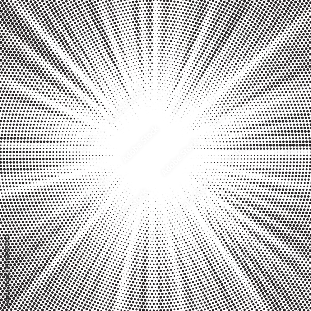 Aufkleber Halftone gradient sun rays pattern. Abstract halftone vector dots background. monochrome dots pattern. Vector background in comic book style with sunburst rays and halftone. Retro pop art design.