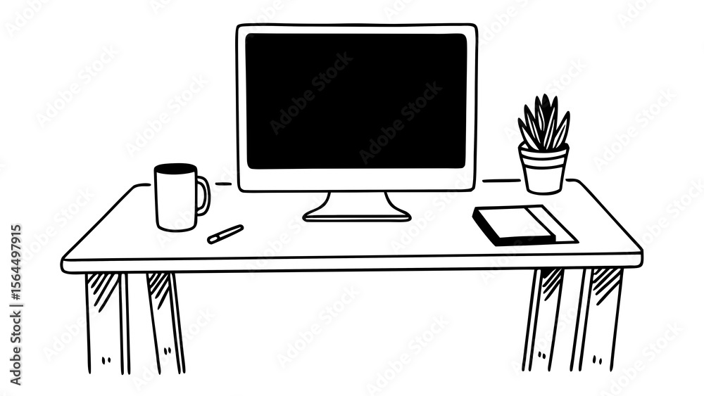 Fototapete A simple line drawing of a desk with a computer monitor, mug, plant, and notebook on top of it created with generated ai