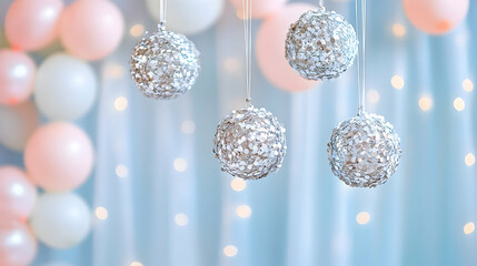 Shimmering Silver Orbs Suspended Against a Pastel Balloon Backdr