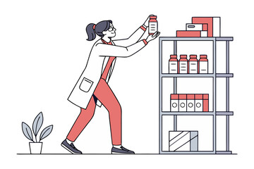 A scientist in a lab coat carefully places a bottle on a shelf filled with medical supplies and boxes representing pharmaceutical inventory management