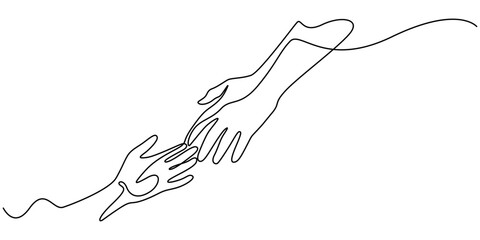two hands reaching out towards each other continuous one line drawing, Single line drawing of romantic or helping concept. Minimalist sketch vector illustration, Fragment of a painting. pro vector.