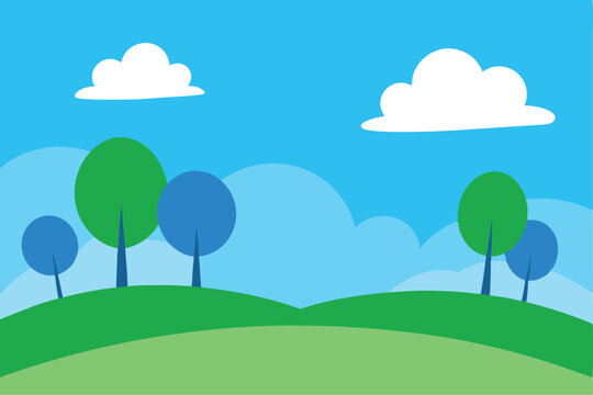 Simple cartoon landscape featuring trees, clouds, and rolling green hills against a blue sky.