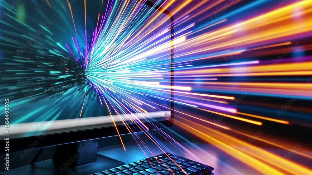 Poster Dynamic loading graphic displayed on monitor showcasing vibrant light effects in a tech workspace environment, Loading Graphic On Monitor Side View