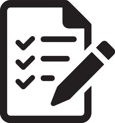 Silhouette icon of paper with pencil, symbolizing planning document, writing, creativity, and project organization.