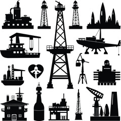 Black Silhouette Vector Illustration of Industrial Buildings, Towers, & Cranes Set