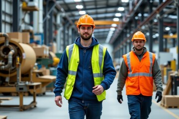 Two Construction Workers in Safety Gear Walking Through Modern Warehouse with Machinery and Equipment