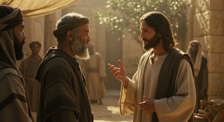 Fototapeta premium A man talking to Jesus christ on an ancient street. Preaching and spiritual guidance concept. Religious story for Christian education and Bible study.
