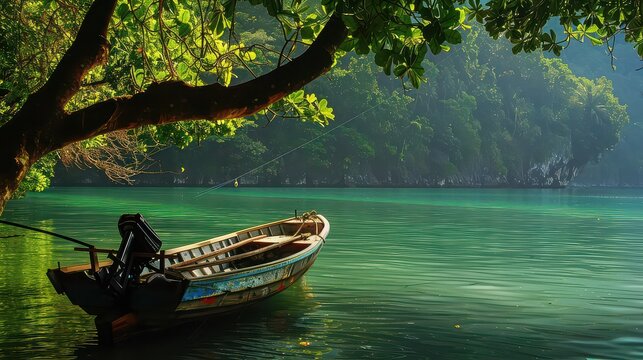 A serene scene of a small boat on a calm lake surrounded by lush greenery and a tree branch above