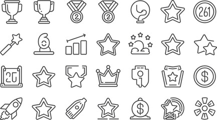 Collection of 24 Black and White Achievement and Success Icons, Featuring Trophies, Medals, Stars, and Rewards
