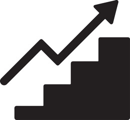 Silhouette icon of steps or stairs with an upward arrow, symbolizing growth, progress, success, and achievement.