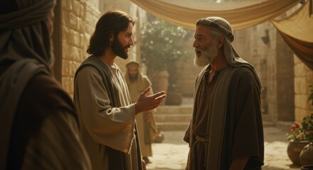 A man talking to Jesus christ on an ancient street. Preaching and spiritual guidance concept. Religious story for Christian education and Bible study.