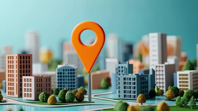 Colorful minimalistic cartoon cityscape with a prominent map pin indicator for location awareness, Minimal cartoon style buildings and map pin 3D render
