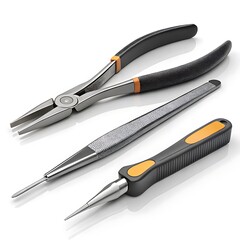Set of precision tools including pliers and awls isolated on white background