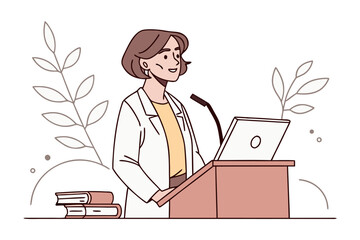 A confident woman in a white lab coat stands at a podium presenting with a laptop and microphone flanked by decorative branches and books © Abu