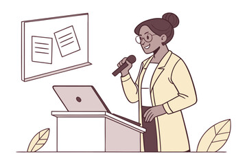A confident female speaker wearing glasses and a yellow blazer addresses an audience while holding a microphone and standing behind a podium with a laptop