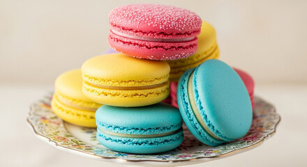 Obraz premium A stack of colorful macarons on a decorative plate with a light background in a close up shot