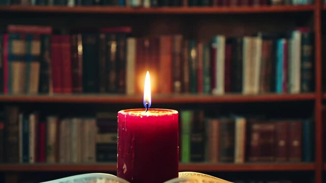 Open book and candle create a cozy atmosphere in library for World Book Day celebration, open book and candle of library, World Book Day concept video in background