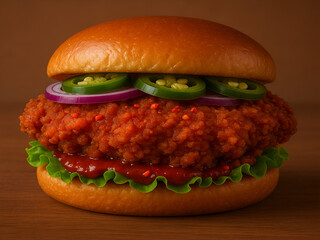 Spicy Chicken Burger Close-Up with Jalapeños and Onions