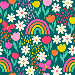 Colorful cute flower, rainbow and butterfly seamless pattern design for spring season background.