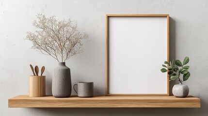 Blank frame mockup on wooden shelf with minimalist decor. High quality