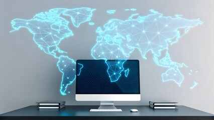 Global Network Connectivity Desktop Computer with World Map Visualization