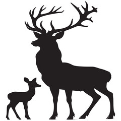 Majestic stag and fawn standing together in a minimalist black silhouette against a white background