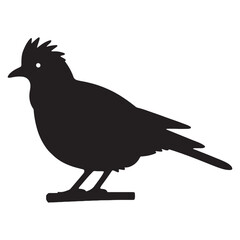 Black silhouette of a bird with a crest standing on a perch isolated on white background
