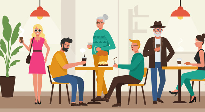 A vibrant coffee shop scene showcasing diverse individuals enjoying their time together