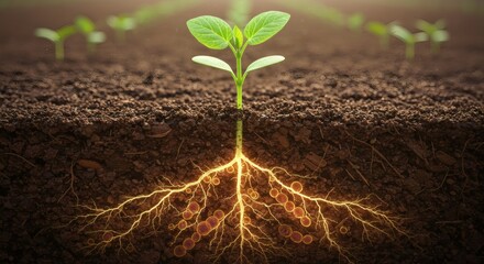 A young plant in a farm field, with detailed underground roots glowing with microbial life.
